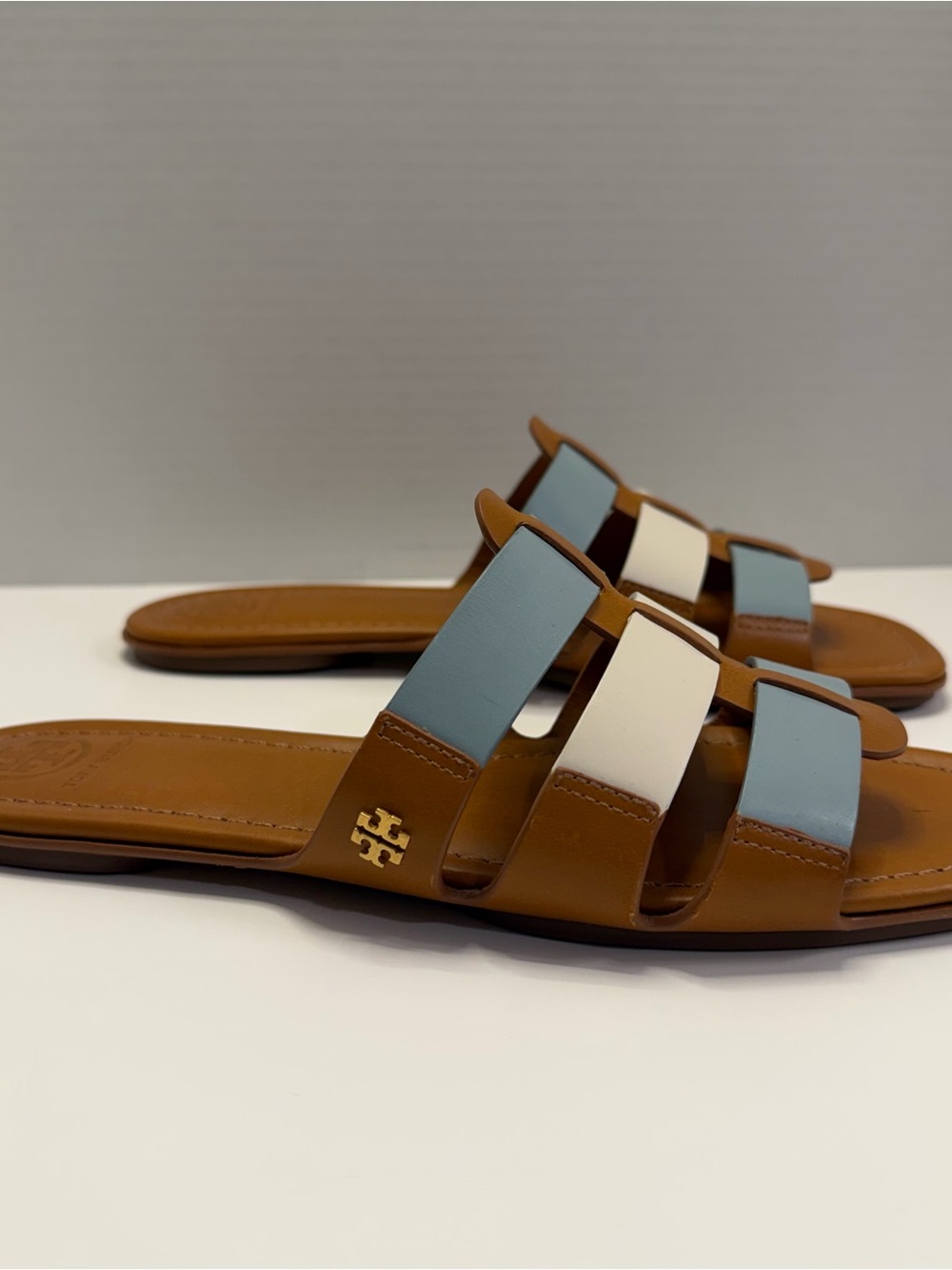 Tory Burch Multi Strap Slide Sandals Leather Blue White Brown Size 7 - Picture 3 of 13